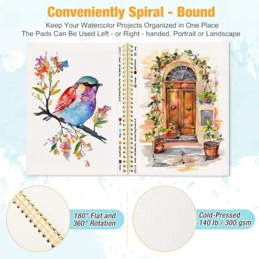 Small Watercolor Sketchbook, 5.5" 140lb/300g,Spiral Bound with Tear Line. Artist Water Color Paper, Portable Travel Notebook fo view 3