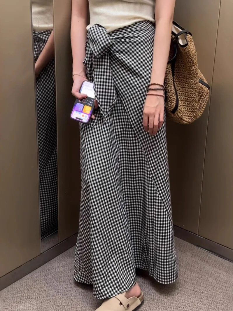 

Моющаяся повседневная клетчатая юбка для женщин, длинная юбка с высокой талией, дизайн на шнуровке, весенний сезон, универсальный Sle, китайское происхождение