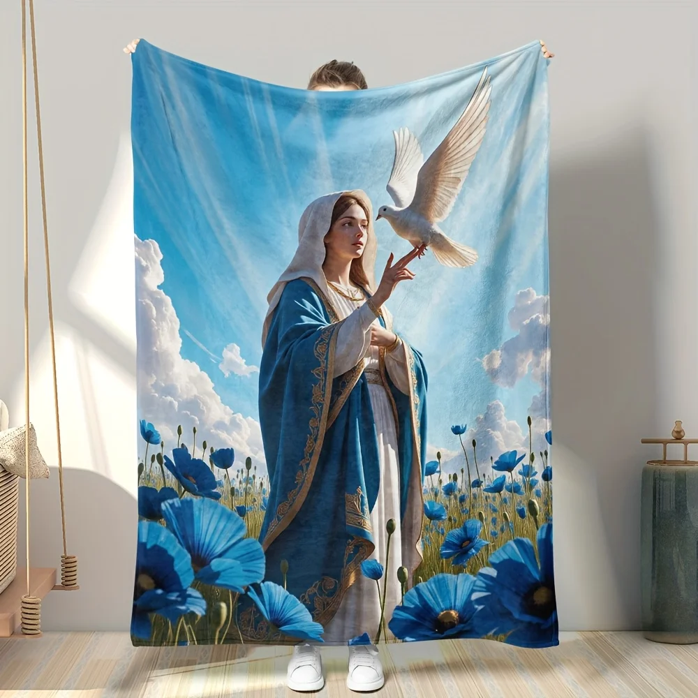 Serene Biblical Art Blanket Throw Blue Sky Dove Woman Christian Faith Home Decor Spiritual Gift