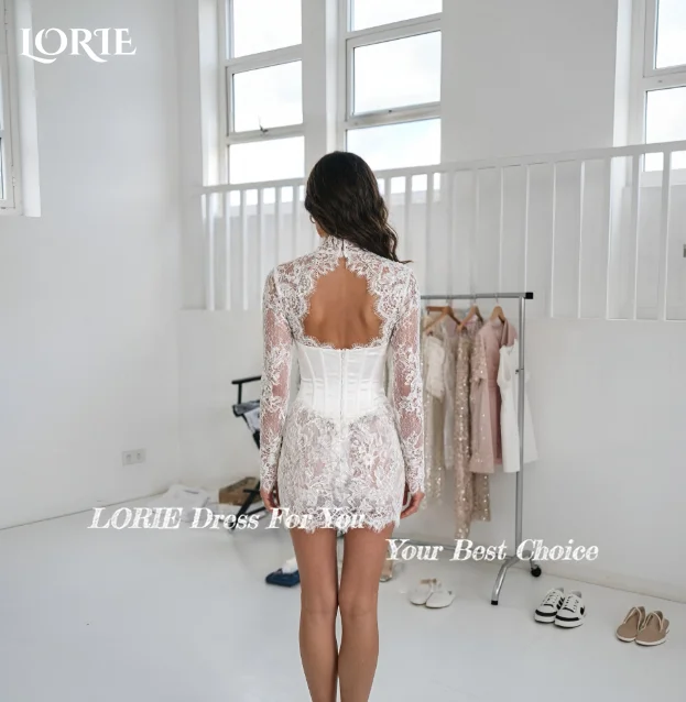 LORIE Sexy Mini Lace Wedding Dresses High Neck Appliques Long Sleeves Bridal Gowns Above Knee Bodycon Bride Dresses Customized image 3
