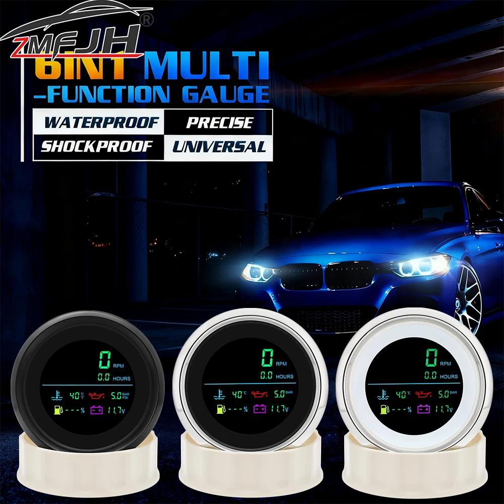

85 мм 6 в 1 Датчик оборотов в минуту Тахометр Температура воды Давление масла Датчик уровня топлива Вольт ЖК-дисплей Датчик часов для морской лодки автомобиля 12 В 24 В