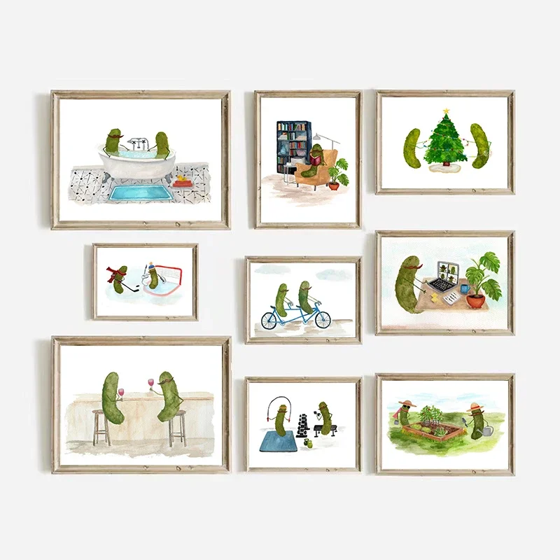 (No frame)Watercolor Retro Funny Kitchen Food Whimsical Pickles with Mustaches Poster Canvas Painting Wall Art Pictures Home