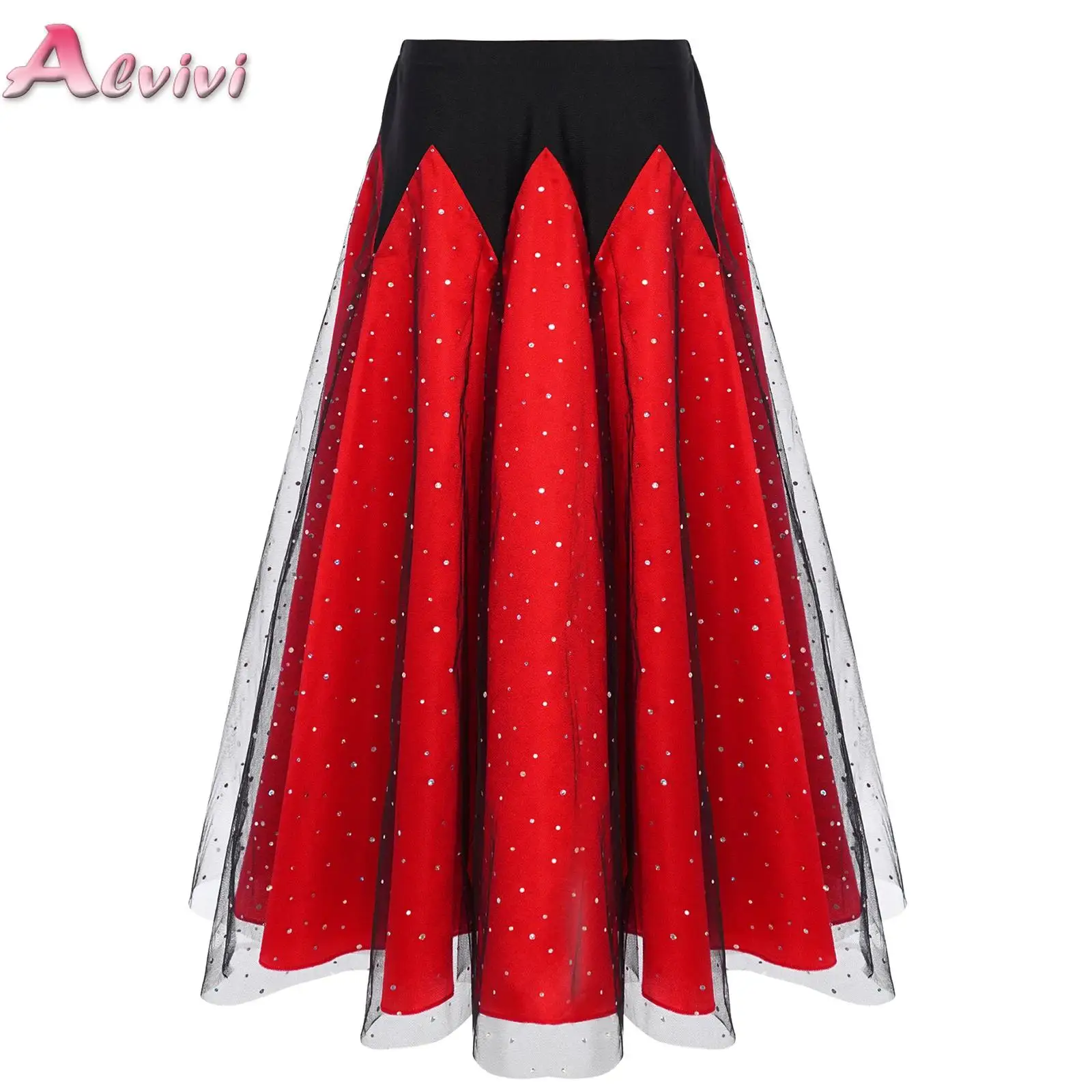 

Kids Girls Waltz Ballroom Dance Skirts Glittery Sequins Color Block Ruffled Tulle Skirt for Modern Flamenco Dance Practice