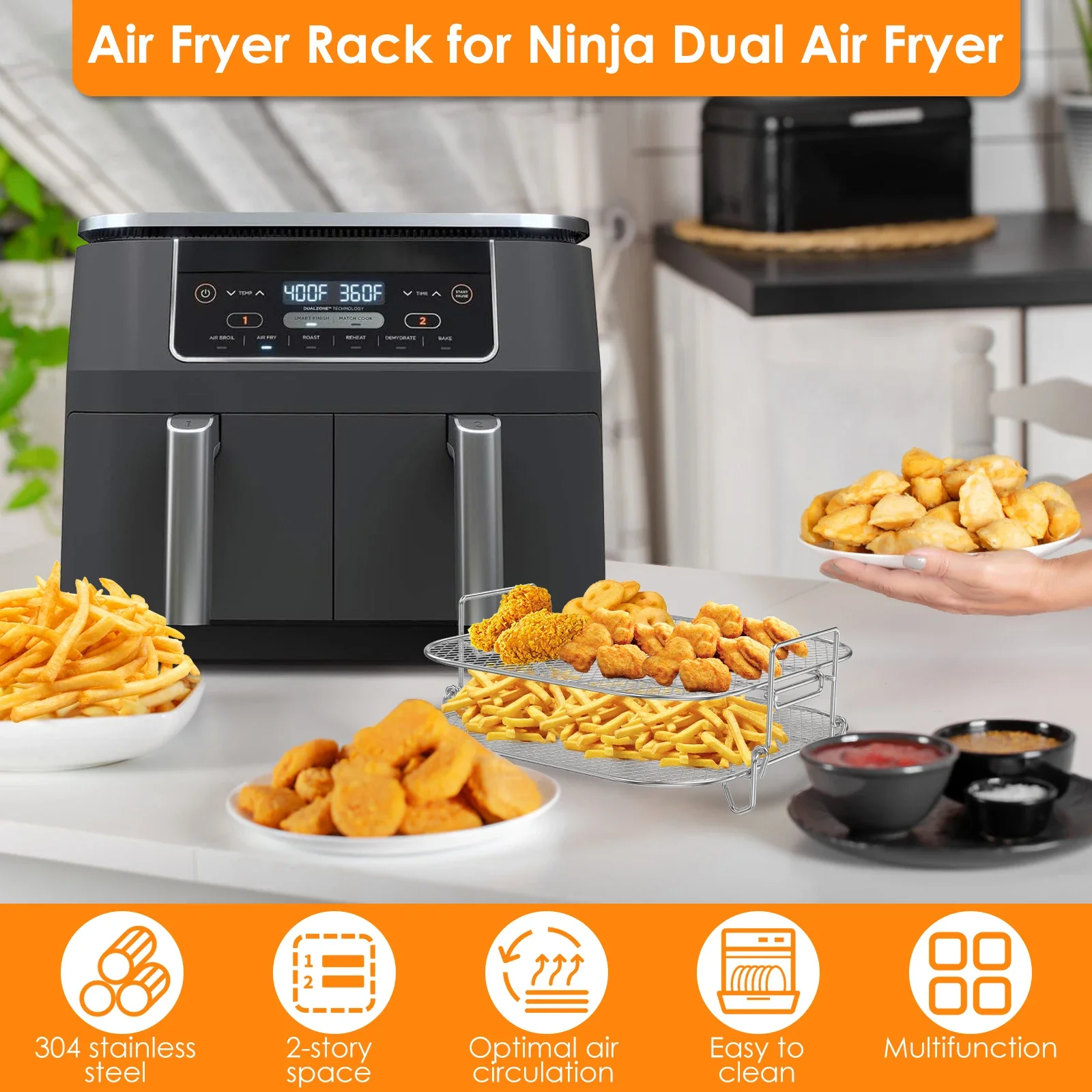 2Layers Air Fryer Racks Stainless Steel Dehydrator Rack Stackable Air Fryer Racks Heat Resistant Racks Kitchen Cooking Tools