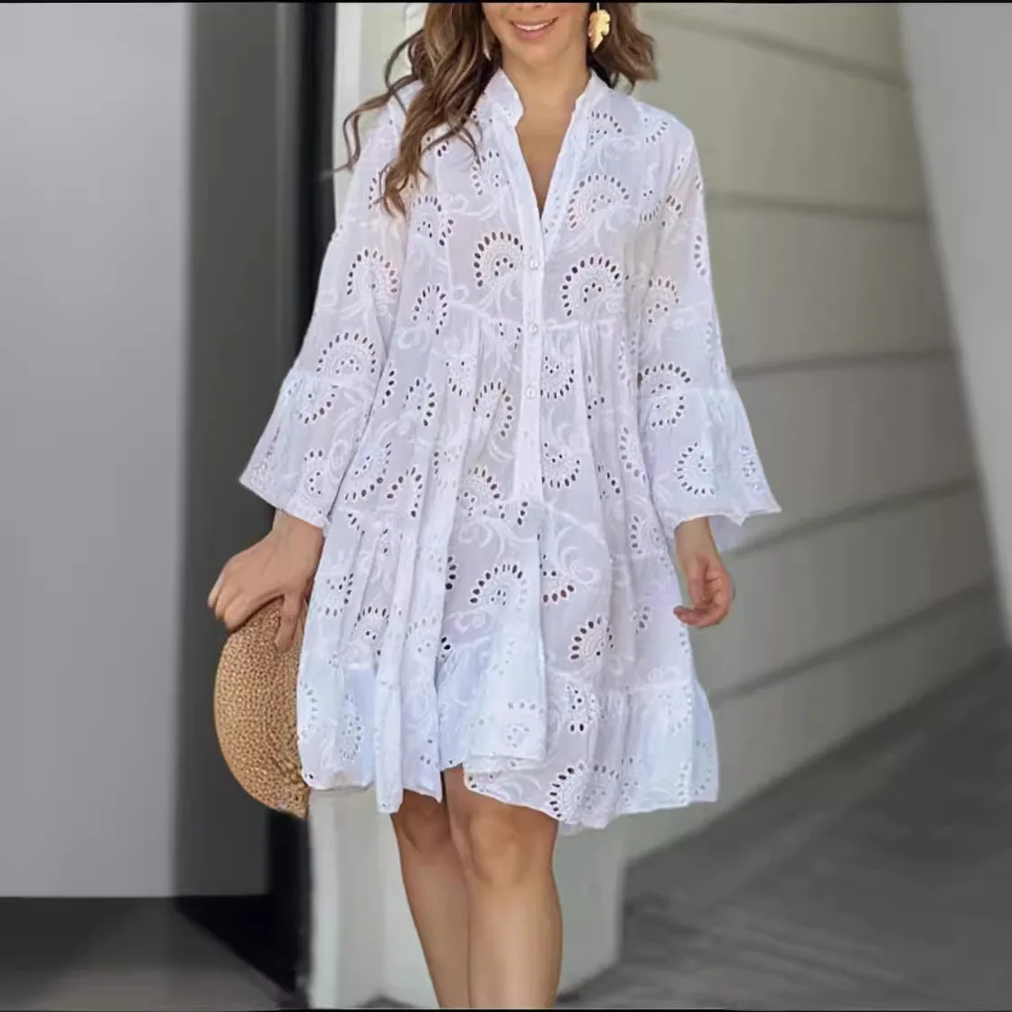 Spring Summer New Women\'s Dress Solid Color V-neck Embroidered Hollow Lace Flower Sexy Dress Loose Casual Broken Copper Dress