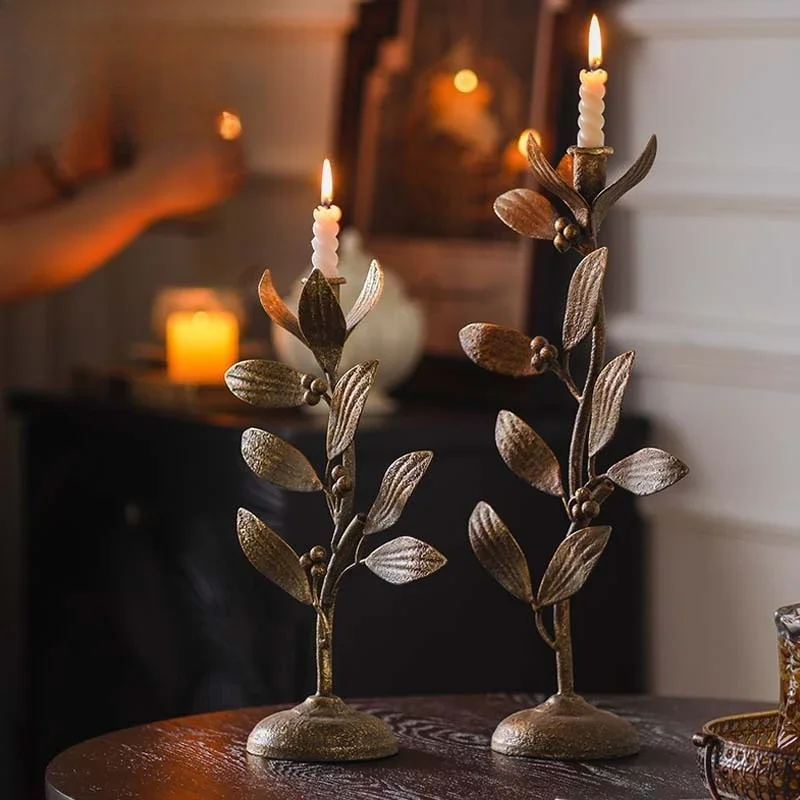 

American Vintage Christmas Candelabra - Wrought Iron Floral Table Lamp with Beeswax Tray, Holiday Dining/Living Room Centerpiece
