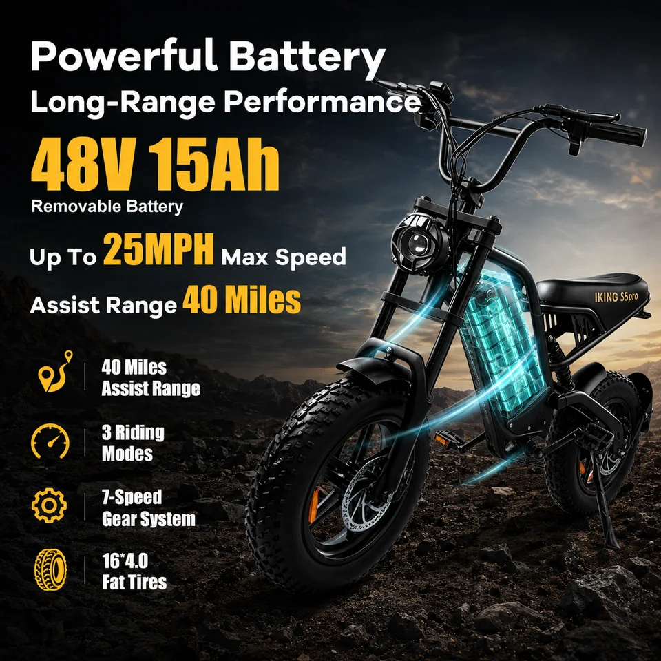 Off‑Road Ebike 1000W Peak Motor 48V 15Ah Removable Battery 40Miles Assist Range 3 Riding Modes 7‑Speed 16 Inch Fat Tire Electric Bike Men Women image 4