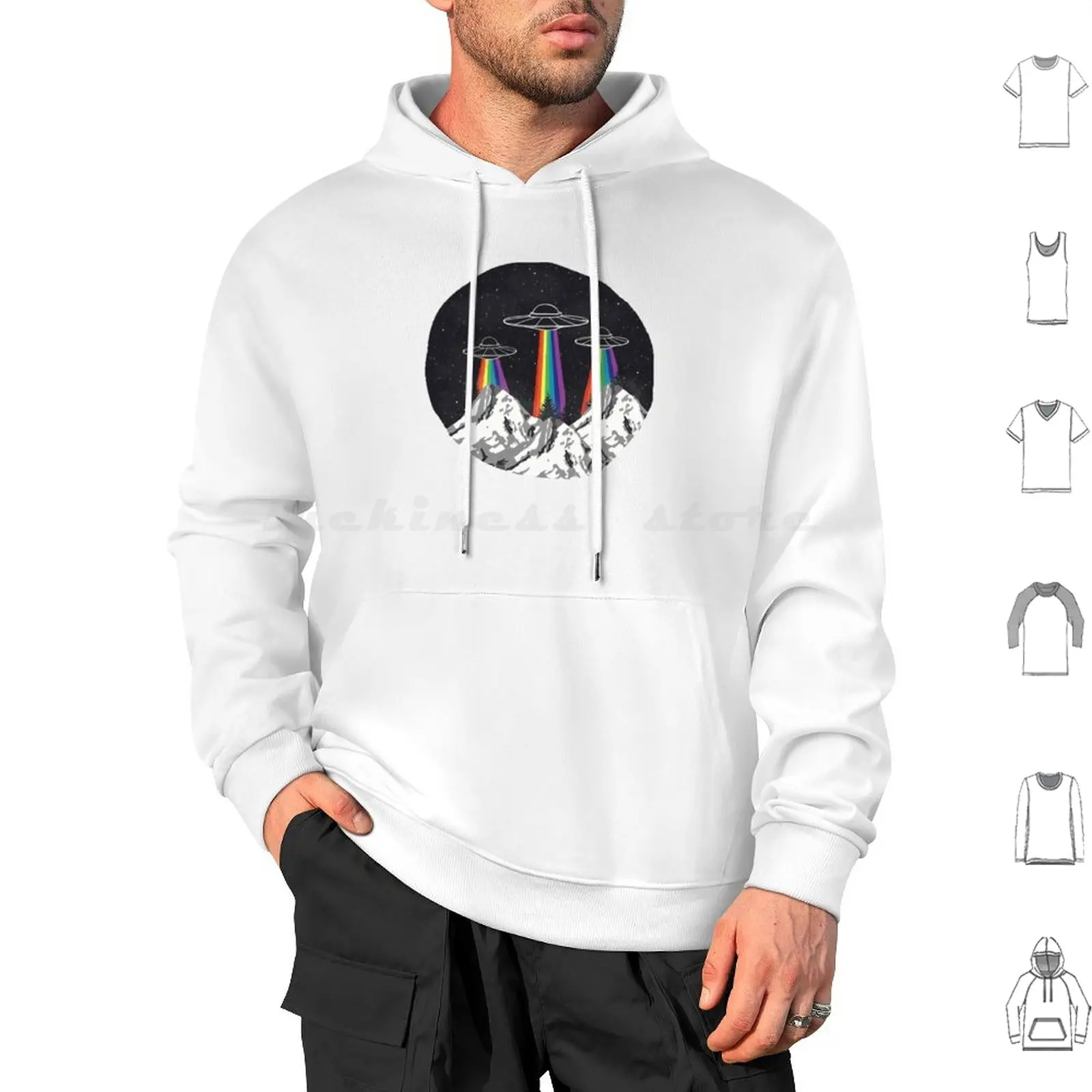 Rainbow Abduction Hoodies Long Sleeve Rainbow Cosmic Space Planets Nighttime Stars Galaxy Mountains Nature Trees