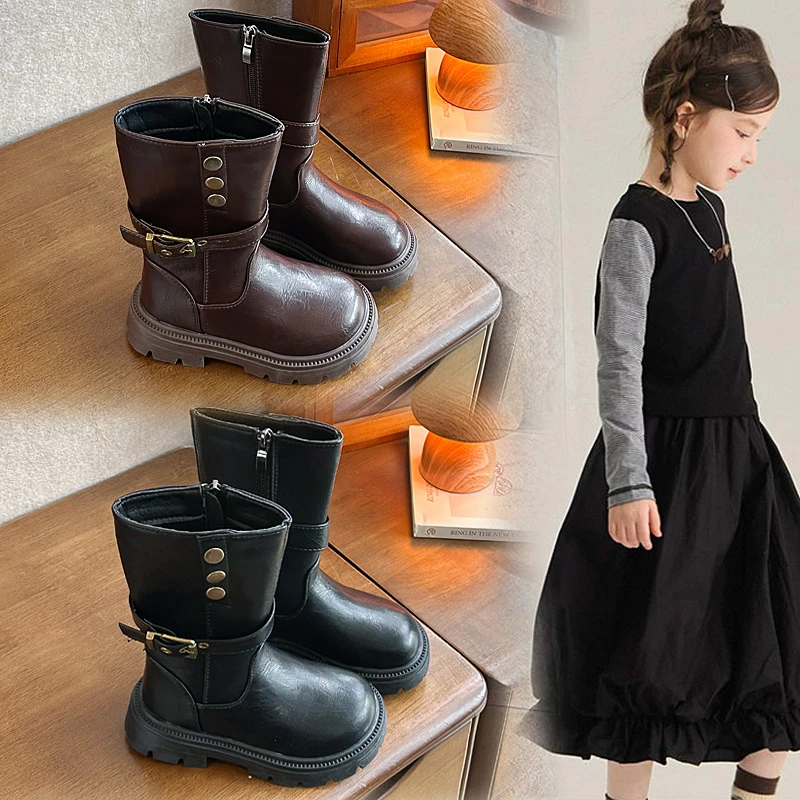 Mumoresip Kids Leather Boots Mid-calf Fashion Girls Long Boots Round Toes Versatile 2026 Autumn New Children Princess Boots