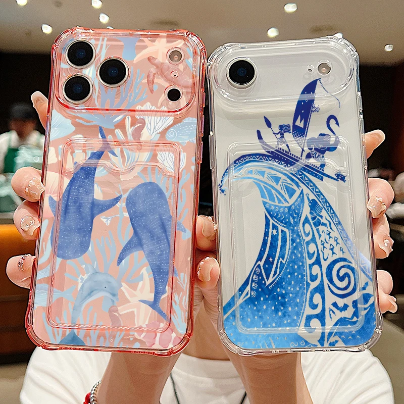 Kartenfach-Hülle aus Transparentem TPU für iPhone 17 16 Pro 17e 16e 15 14 13 Pro Max 11 mit Blauem Ozeanmuster Weiche Silikon-Handyhülle