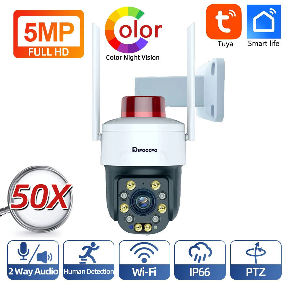 Tuya 5MP 50X 30X Zoom WiFi PTZ Security Camera Auto Tracking Outdoor Smart Life CCTV Surveillance Camera Color Night Vision