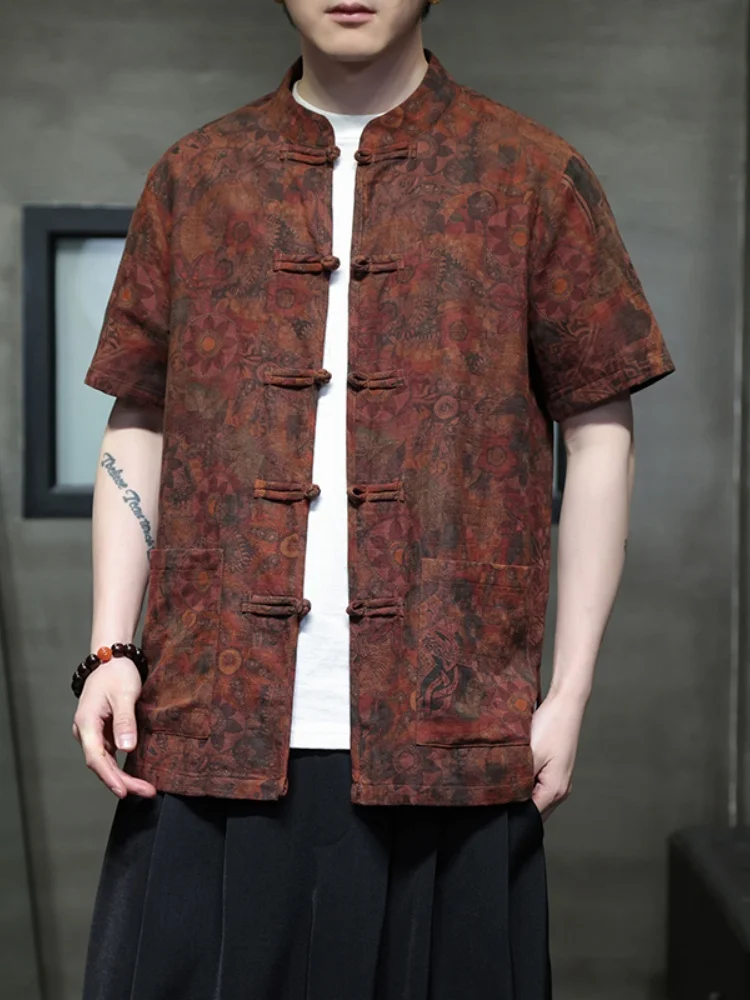 

New Summer Men's ort Sve irt Casual Loose Fit Hanfu Sle Cotton T Top Chinese Eth Faion Outerwear