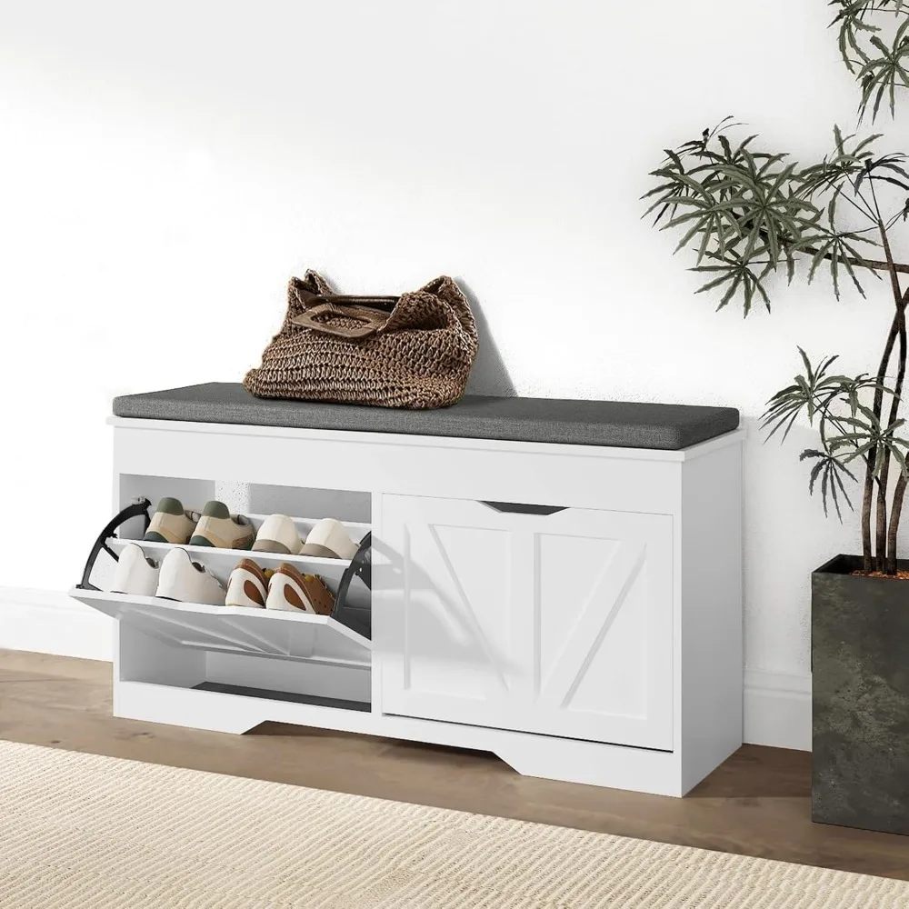 

Shoe Storage Bench with 2 Flip Drawers Narrow Shoe Cabinet Shoes Bench with Padded Seat Cushion&Lift Top Storage Box, Modern Sho