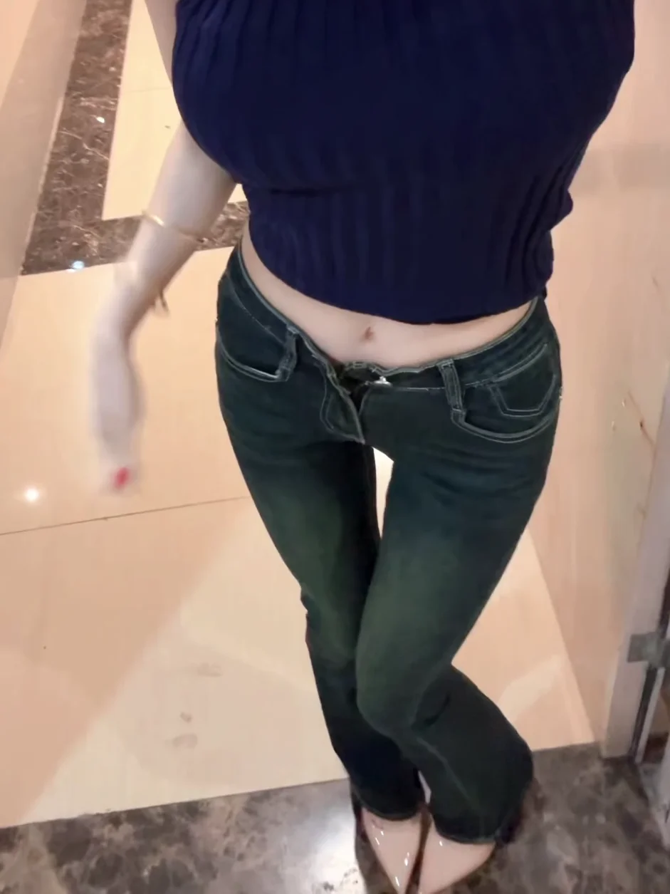 

Retro Korean Style Low Waist High Rise Women's Jeans Tight Fit Stretchy Cotton Denim Zipper Closure Ankle Length Bootcut