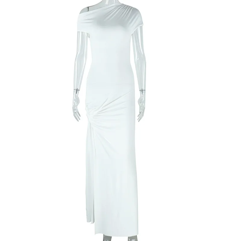 أبيض أسود الكشكشة فستان الحفلة الراقصة مثير واحد الكتف قصيرة الأكمام الجانب سبليت طويل الزفاف الرسمي ضيف الجلباب حزب ثوب الزفاف #4