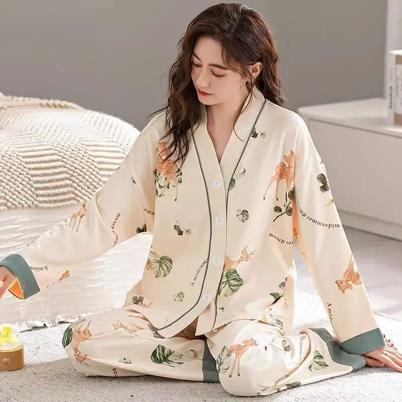 Women's Pajama Set Long Sleeve Full Length Pants Deer Leaf Print Lapel Cozy Soft Loungewear Sleepwear Pyjamas Nightwear Homewear