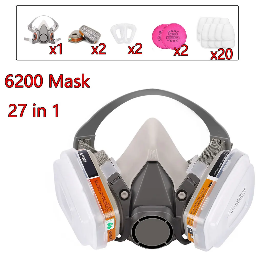 27in1 6200 Half Face Dust Gas Mask Respirator For Industrial Paint Spray Chemical Organic Vapor With Filters Protection