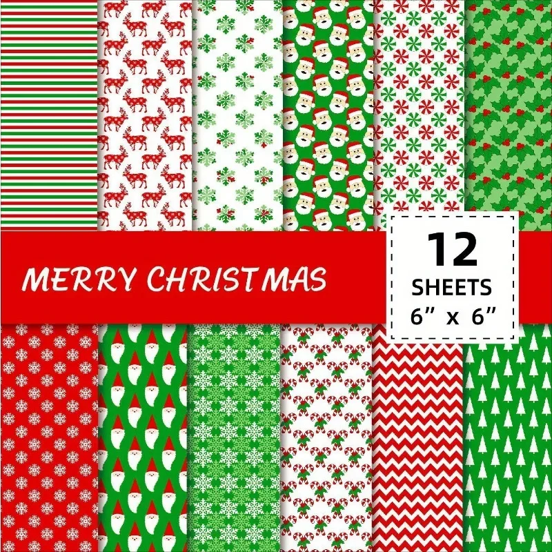 12 Blatt DIY-Geschenkpapier für Weihnachten, Hintergrunddekorationen, DIY-Fotoalbum, Sammelalbum, Papier mit Weihnachtsmann-Muster