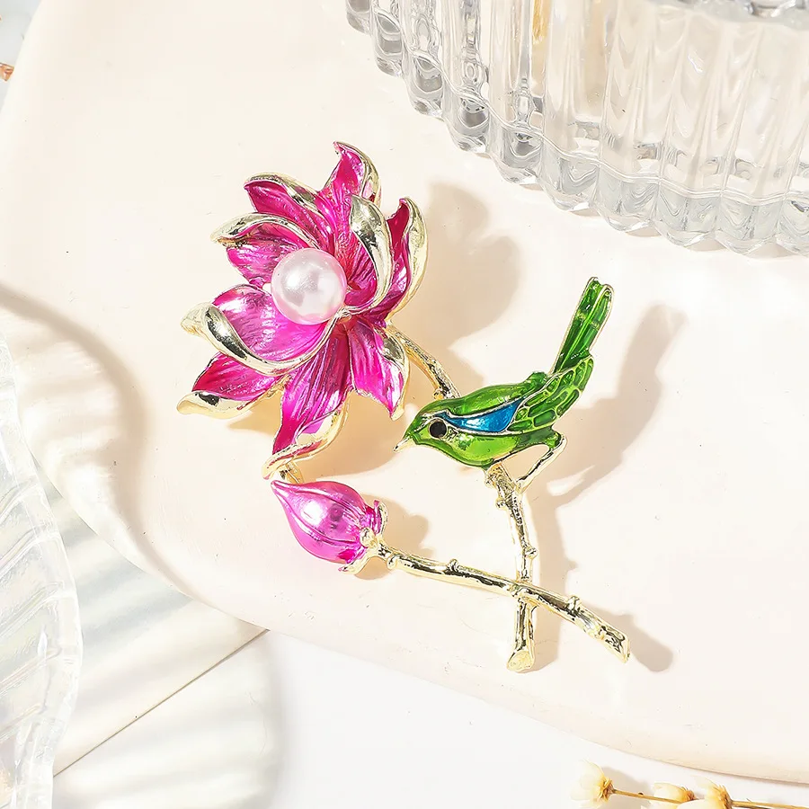 خمر المينا زهرة اللوتس الطيور دبابيس للنساء الرجال اللؤلؤ التلبيب دبابيس بدلة الحفلات مجوهرات الزفاف #3