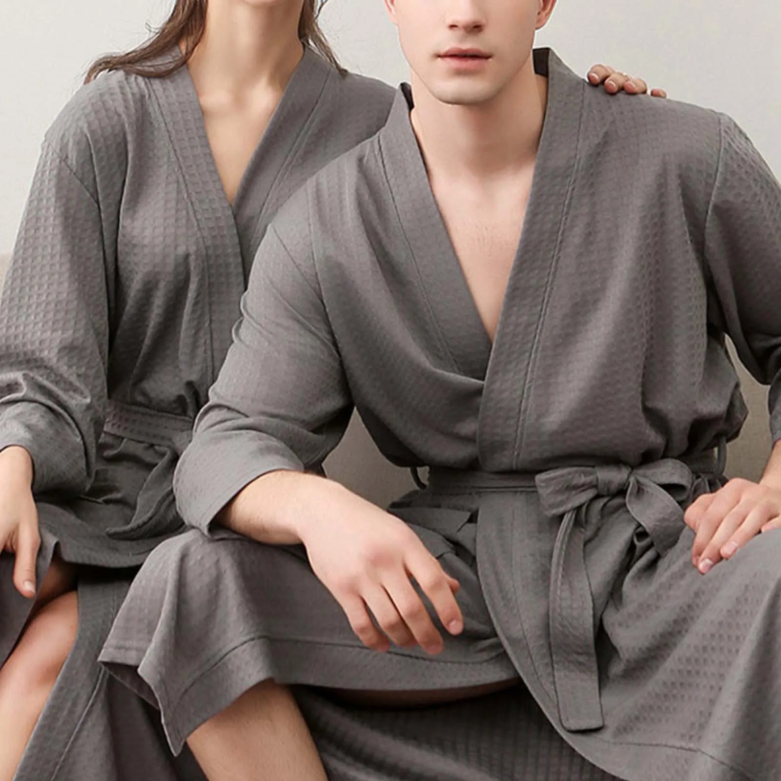 Autumn Solid Couple V-Neck Long Bathrobe Summer New Waffle Casual Robe Gown Loose Sleepwear Comfortable Home Pajamas