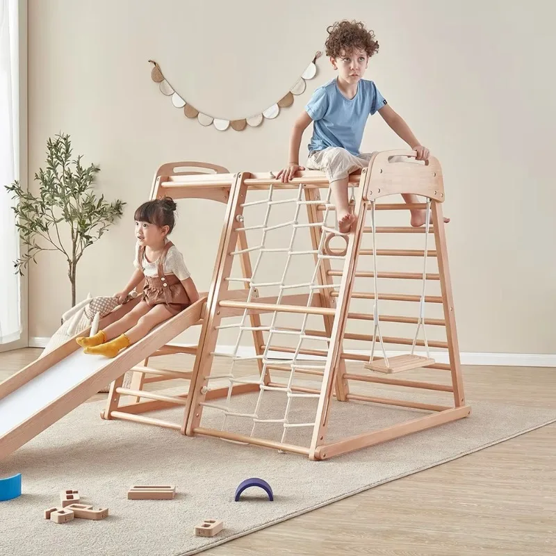 Only Kid Wooden Climbing Toys Toddler Indoor Wood 3 In 1 Climbing Frame With Children Swing