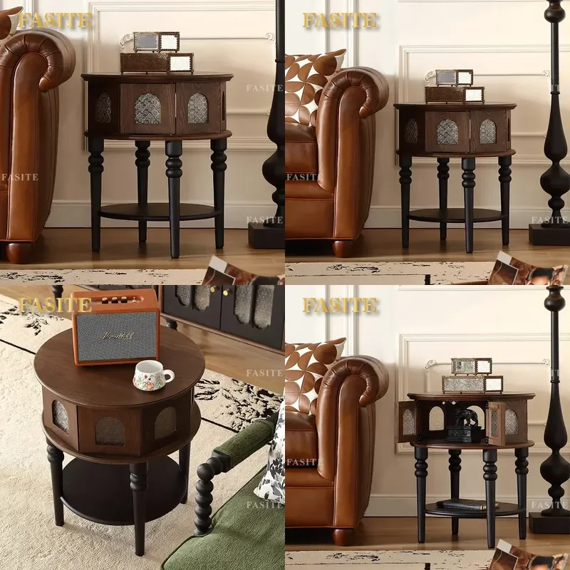 For Small Apartment French Retro Solid Wood Round Side Table with Storage Light and Shadow Design Living Room Corner Coffee