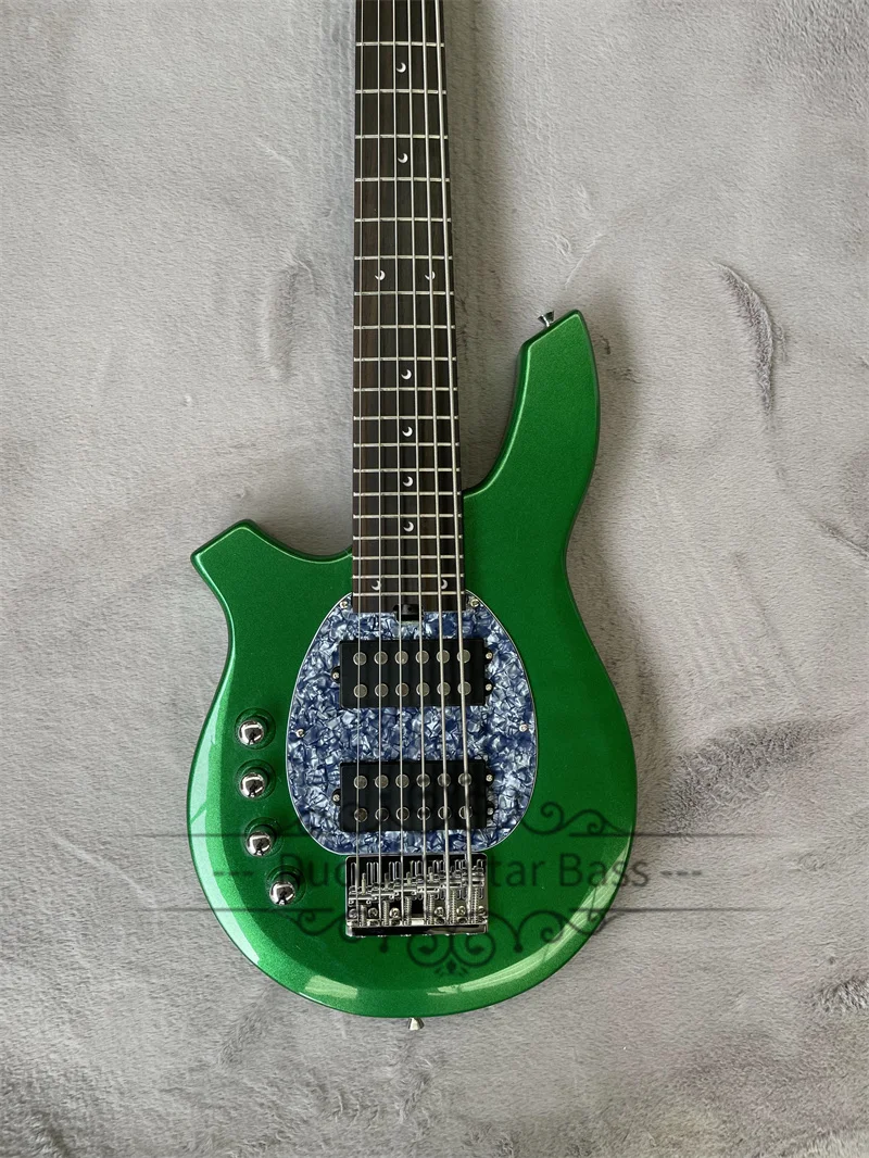 Left Hand Bass Guitar 6 Strings Metal Green Bass Blue Pearl Pickguard Rosewood Fingerboard Moon Inlay Actrive Battery