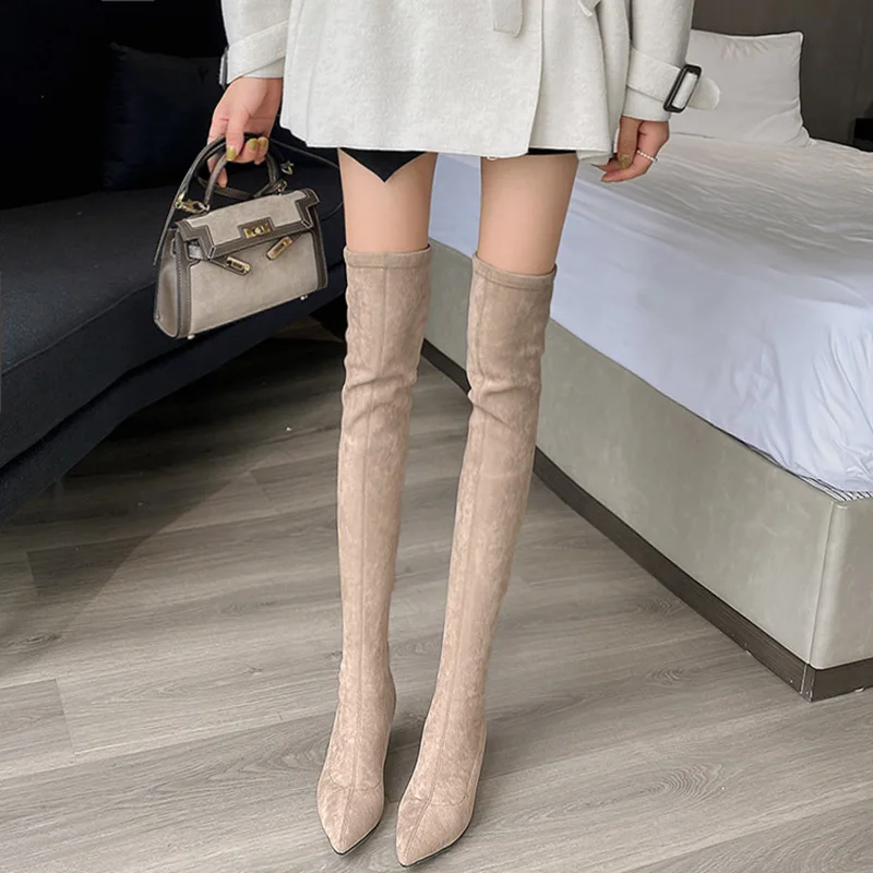 

Elastic Pointed Toe Women Knee High Boots Suede Chunky Heels Women's Long Boots