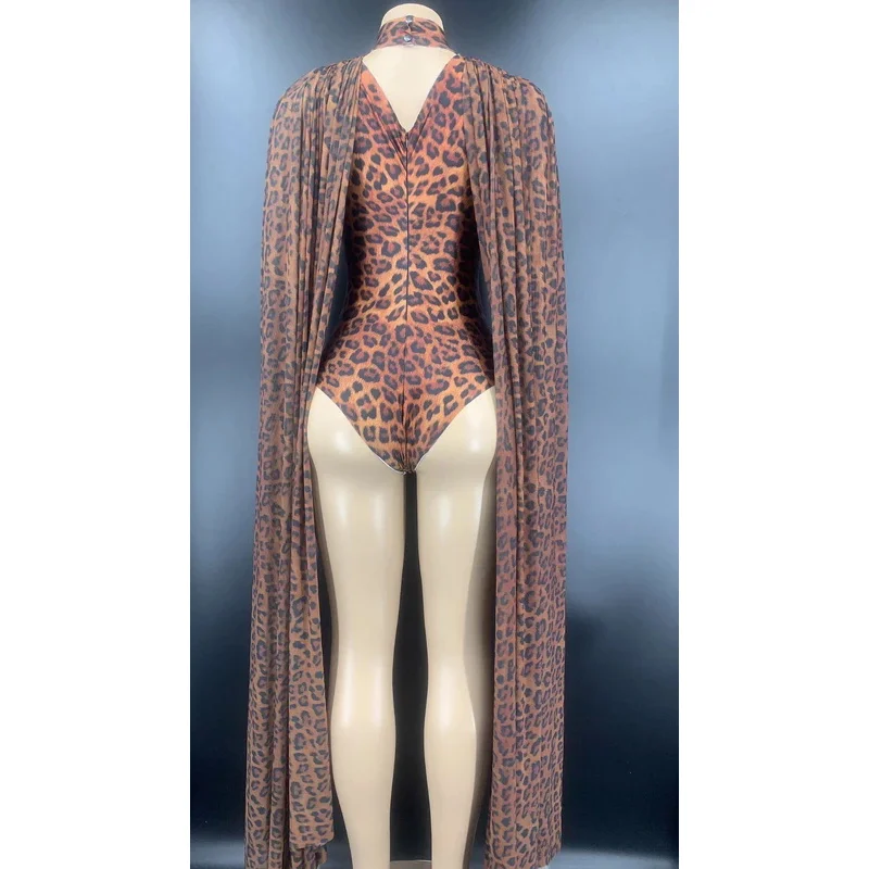 Leopard Pattern Bodysuit Gloves Top Fashion Sexy V Neck Birthday Party Bodycon Outfit Women Singer Show Performance Costume