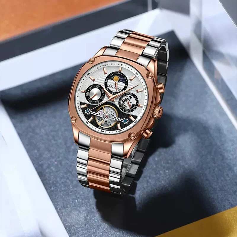 

Fashion Lunar Phase Automatic Skeleton Watches Luminous Men Mechanical Watch Stainless Steel Waterproof Automatic Wristwatches