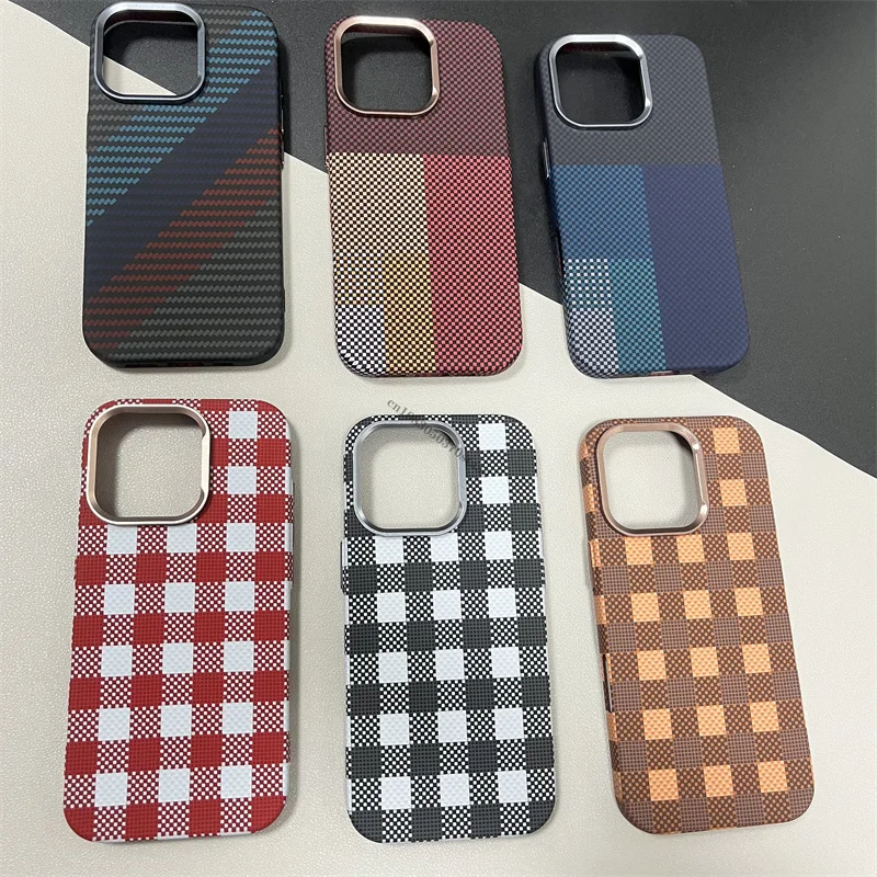 

Carbon Fiber Relief MagSafe Phone Case For iPhone 16 15 14 13 Pro Max 16 Pro Alloy Metal Lens Wireless Charging Magnetic Cover