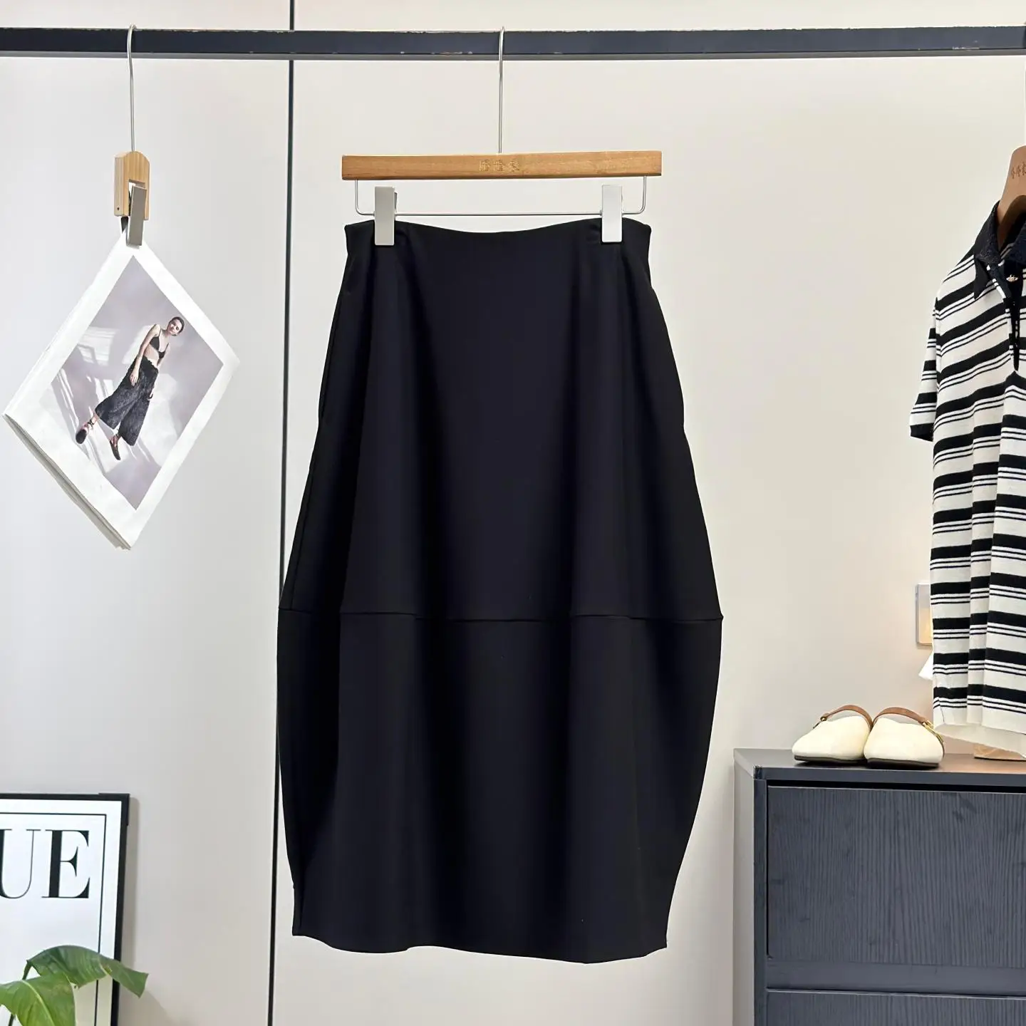 Nordic Minimalist Fashion Tailored High Waist Midi Bloom Skirt Half Body Skirt Stylish Cotton Blend Stretch Fabric