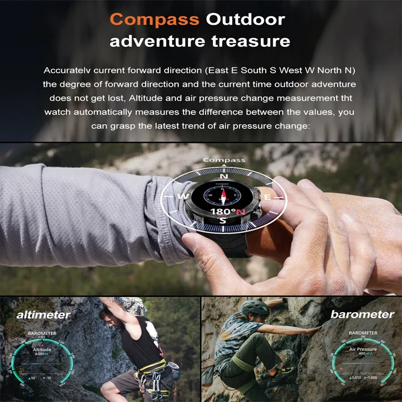 2024New 1.43\'\'HD Screen Heart Rate Watches Men Smart Watch Waterproof GPS Track Compass Altitude LED Smartwatch For IOS Android