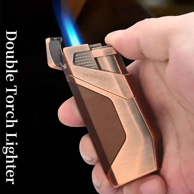 

Dual Direct Injection Gas Lighter Windproof Strong Blue Flame Metal Turbine High Temperature Cigar Lighter with Diamond Accents