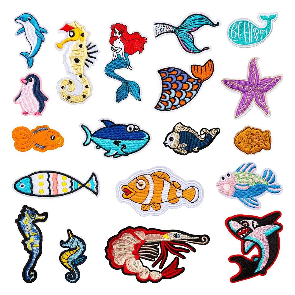

Mermaid Starfish Shark Ocean Series Embroidered Iron On Patches Penguin Shrimp Cloth Patch for Clothing DIY Jacket Hat Bag Socks