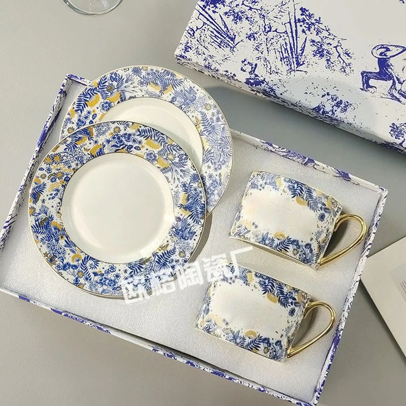 

Premium Bone China Tea Set Hydrangea Floral Design 2 Coffee Cups Saucers European Style Afternoon Tea Gift Box