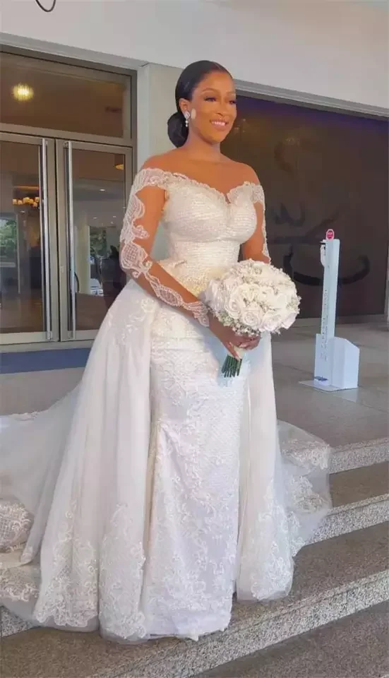 New African Mermaid Detachable Tailing Wedding Dress Long Sleeve Retro Lace Bridal Large Wedding gown 2023