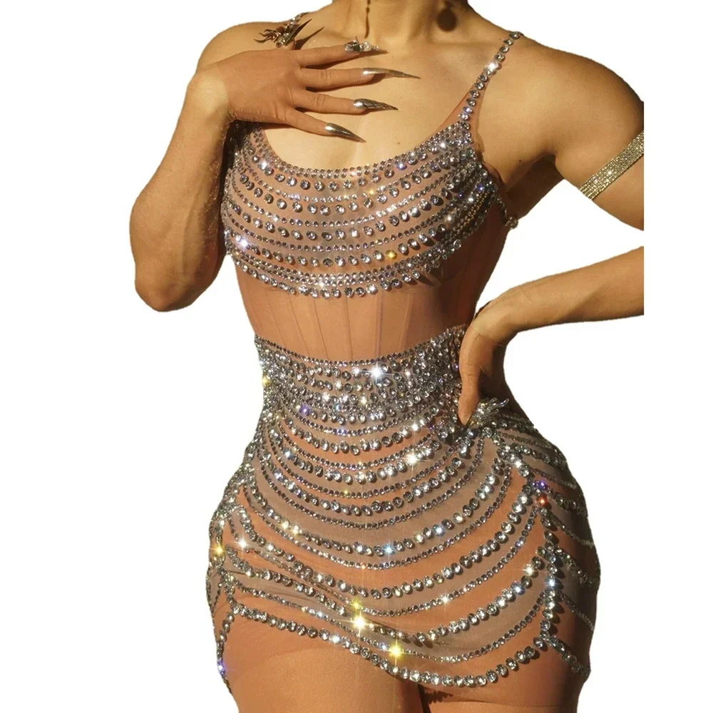 Newest Stock 2024 Luxury Sexy Rhinestones Sparkly See Through Mini Dress Evening Party Club Fashion Performance Gowns Stage Wear