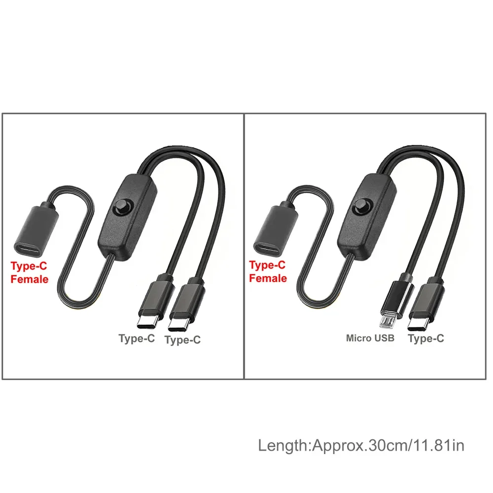 2 in 1 Type C Splitter Cable, Type C Female to Male USB C Extension Cable and Micro USB Multi Charging Cord With ON/OFF Switch
