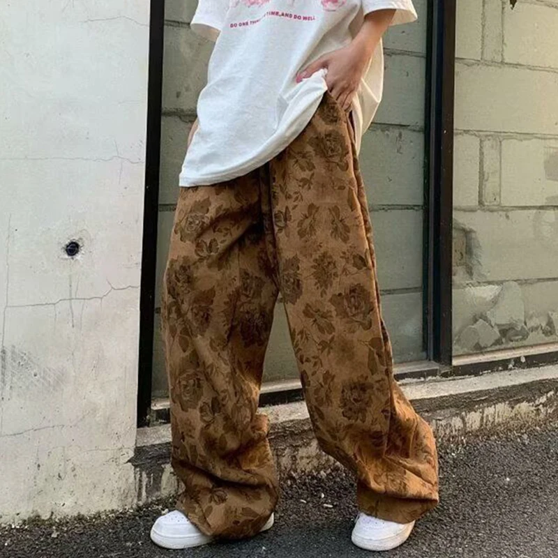 스트리트웨어 코듀로이 여성 바지 빈티지 플로럴 루즈 캐주얼 하이웨이스트 트라우저 가을 힙합 핫티 스트레이트 와이드 레그 팬츠