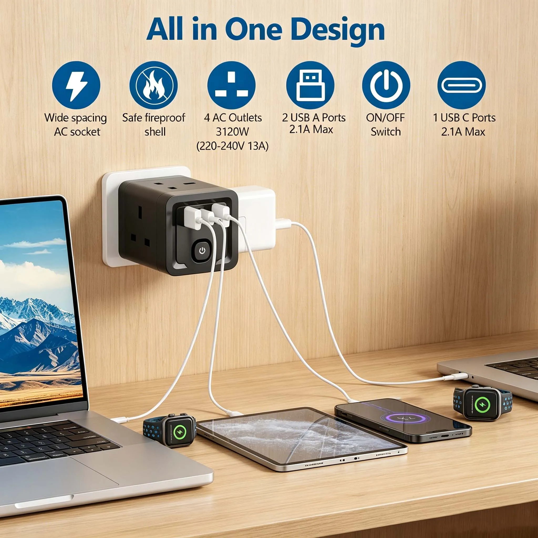 

7-in-1 cube power strip with key switch, 4AC Outlets, 2 USB-A, 1 USB-C port, multi-function wall plug power socket, for office.