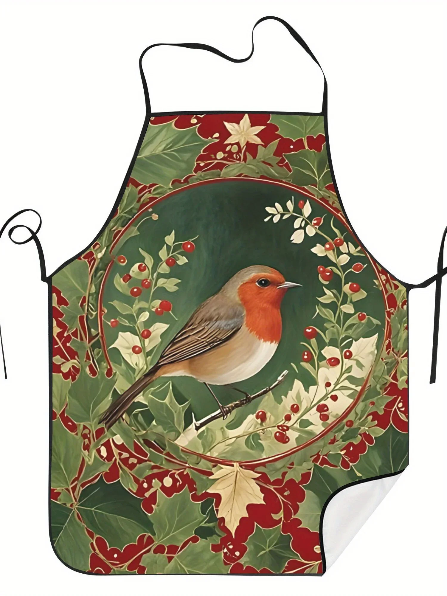 Vintage-Inspired Festive Robin Holly Greeting Card Apron - Adjustable Unisex Cooking & Baking Apron with Colorful Holiday