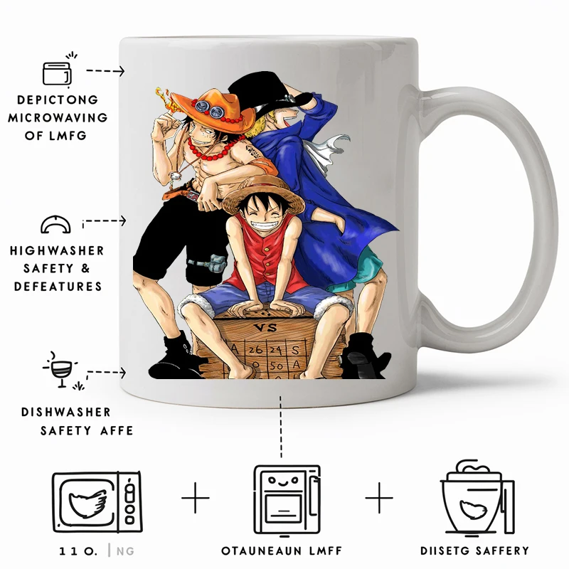 11oz Anime ONE PIECE Creative Cartoon Luffy Ceramic Mug ACE Sabo High-value Cute Kawaii Office Coffee Milk Tea Cup Gift Male