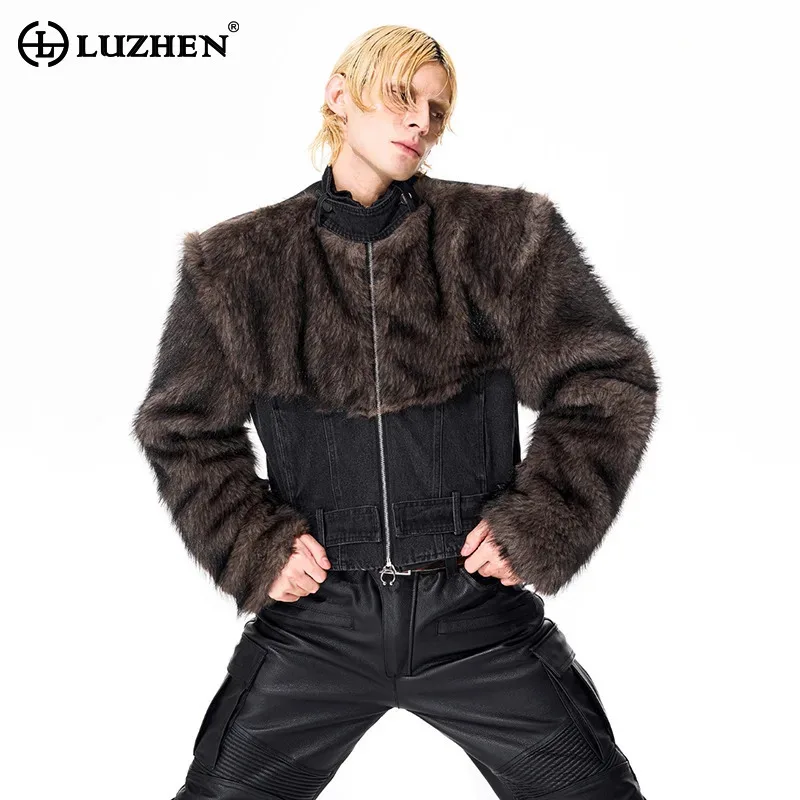 

LUZHEN 2025, новая зимняя оригинальная уличная мужская модная персонализированная джинсовая куртка с меховой подставкой и воротником-стойкой, красивое пальто JY4917