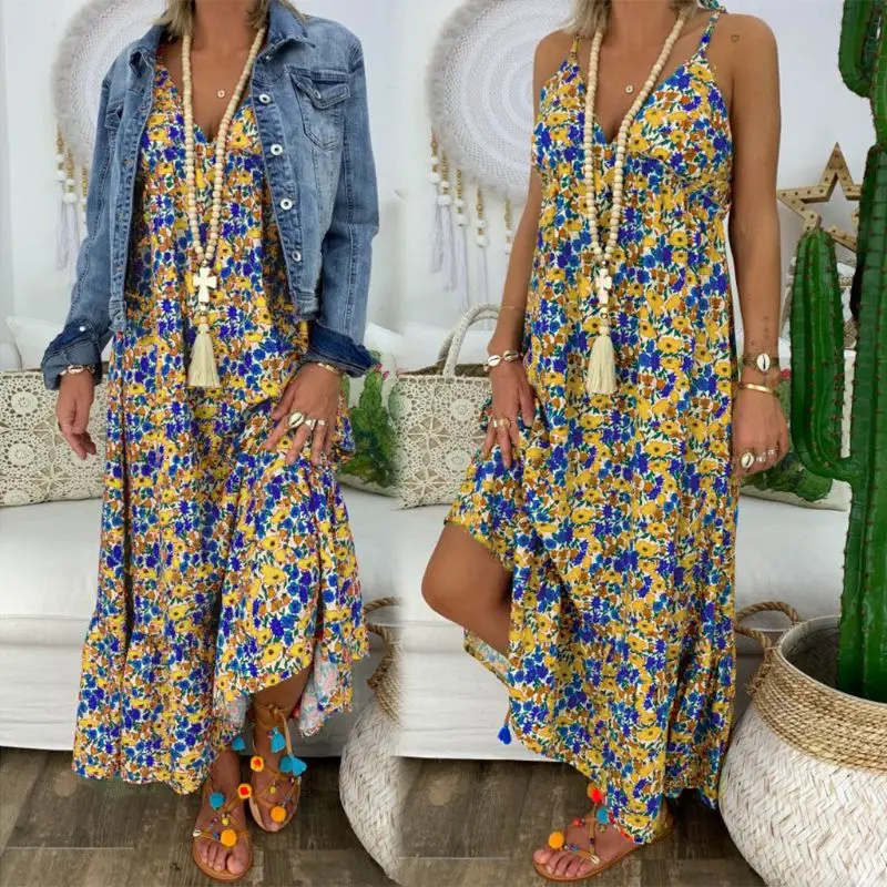 Frauen Boho Blumen Maxi kleid Party Riemchen Baumwolle Kleid Sommer Strand Urlaub Spaghetti träger Sommerkleid plus Größe 3xl 4xl 5xl