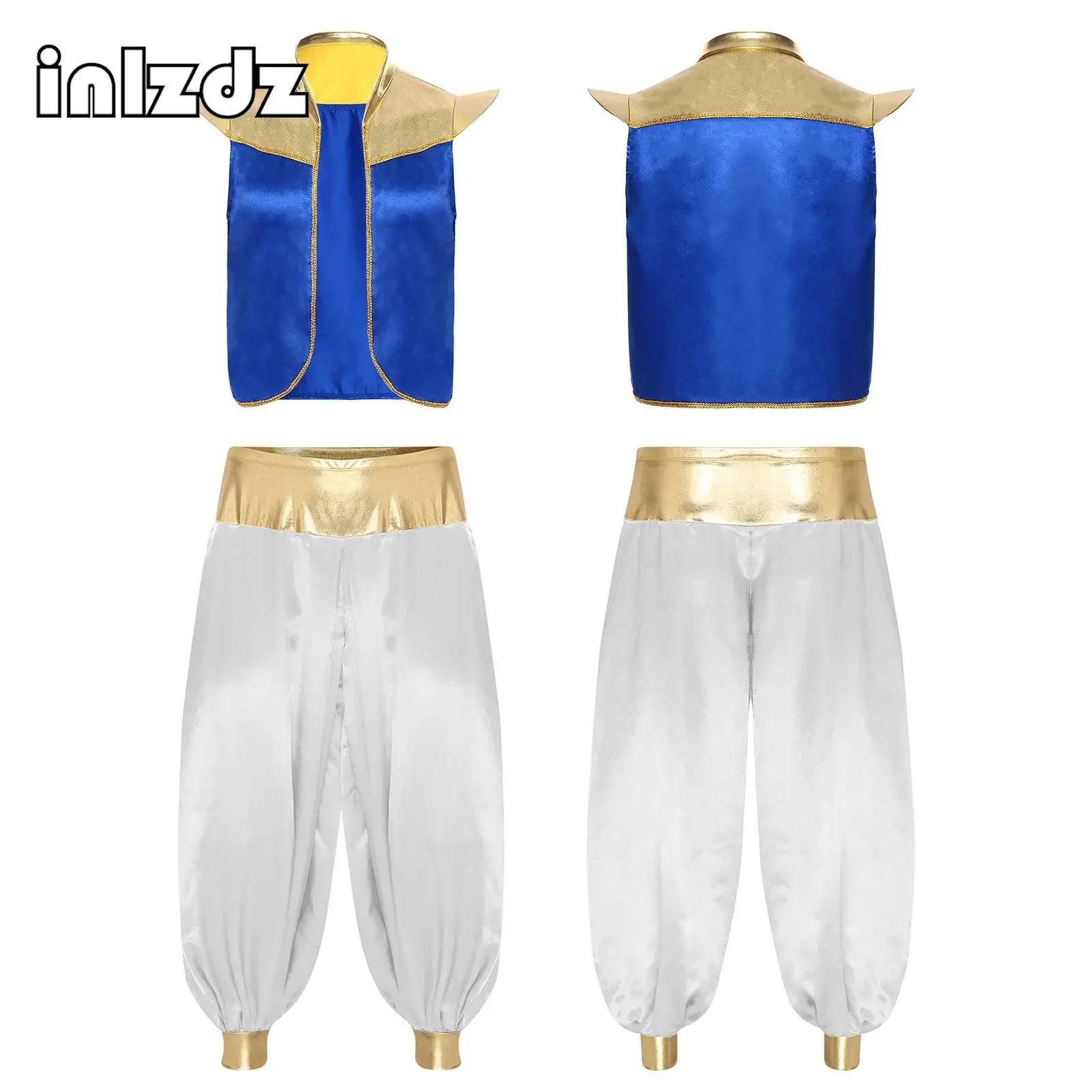

Men Halloween Arabian Prince Costume Magical Lamp Character Cosplay Party Fancy Dress Outfit Open Front Vest Waistcoat+Pants Set