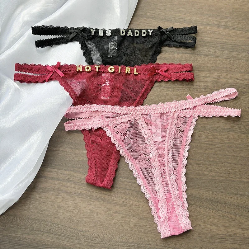 Personalised Custom Name Panties Crystal Letters Thong Women Sexy Lace Underpants Bikini G-String Hot Wife Gift Low Waist Briefs