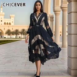 CHICEVER Solid Patchwork Lace Elegant Dresses For Women V Neck Long Sleeve High Waist Spliced Belt Sheer Mesh Maxi Dress Female