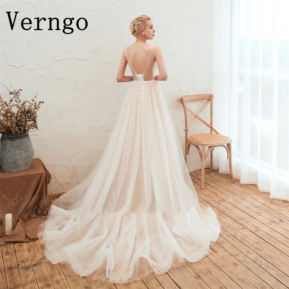 Verngo Appliques abito da sposa con scollo A V per donna spalline sottili abiti da sposa una linea lunghezza del pavimento abito formale per occasioni