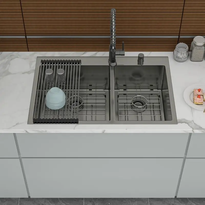 

33"x22" Gunmetal Black Double Bowl Kitchen Sink 16G with 2 Deep 10" Basins (60/40 Split)